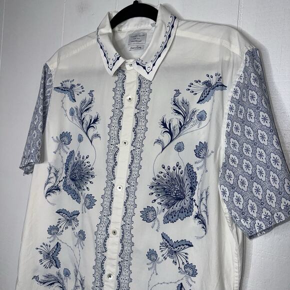 7Diamonds Men’s Floral Short Sleeve Button Down Shirt White Blue Size Large - Picture 3 of 5
